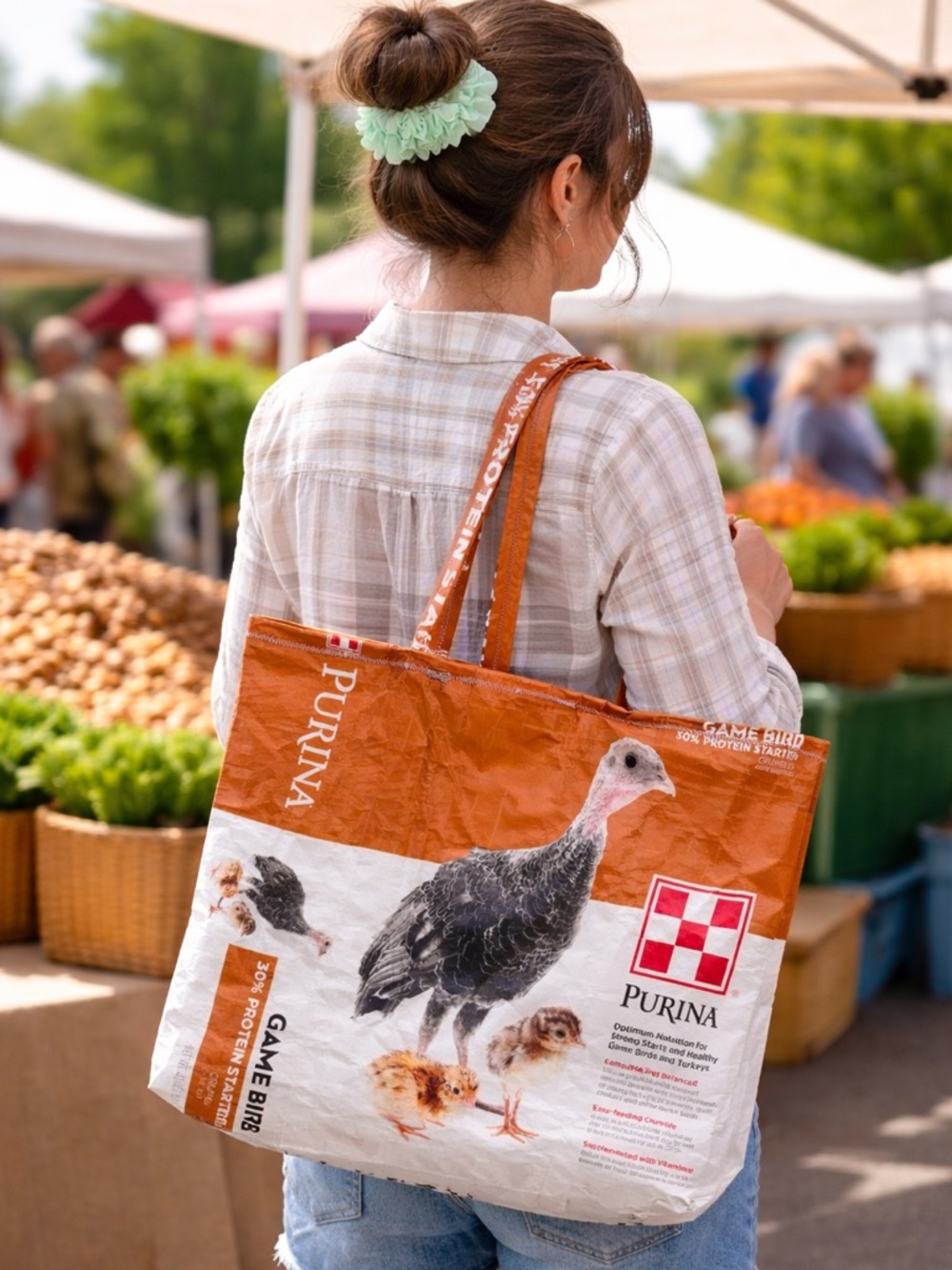 Hand Crafted Purina Orange and White Recycled Feed Bag Tote